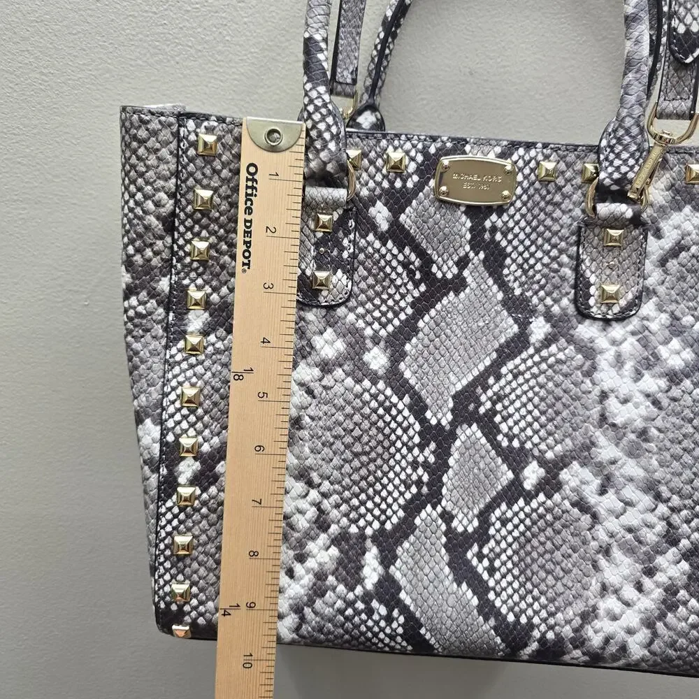 Michael Kors Studded Snake-Print Satchel Tote Bag Shoulder Crossbody Grey White